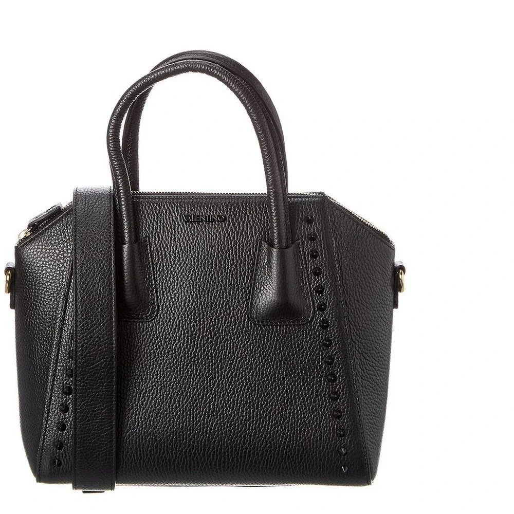 Mario Valentino Black Pebble Leather Studded Satchel Crossbody Bag Made in Italy